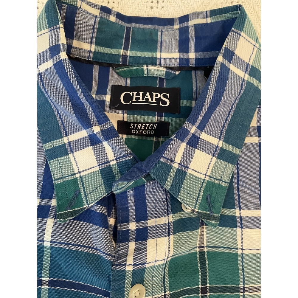 Chaps Stretch Oxford Shirt Button Long Sleeve Men's Blue Green Plaid XL Office
